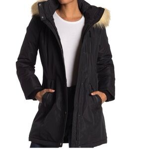 Tahari Whitney Black Puffer Coat with Fur Trim